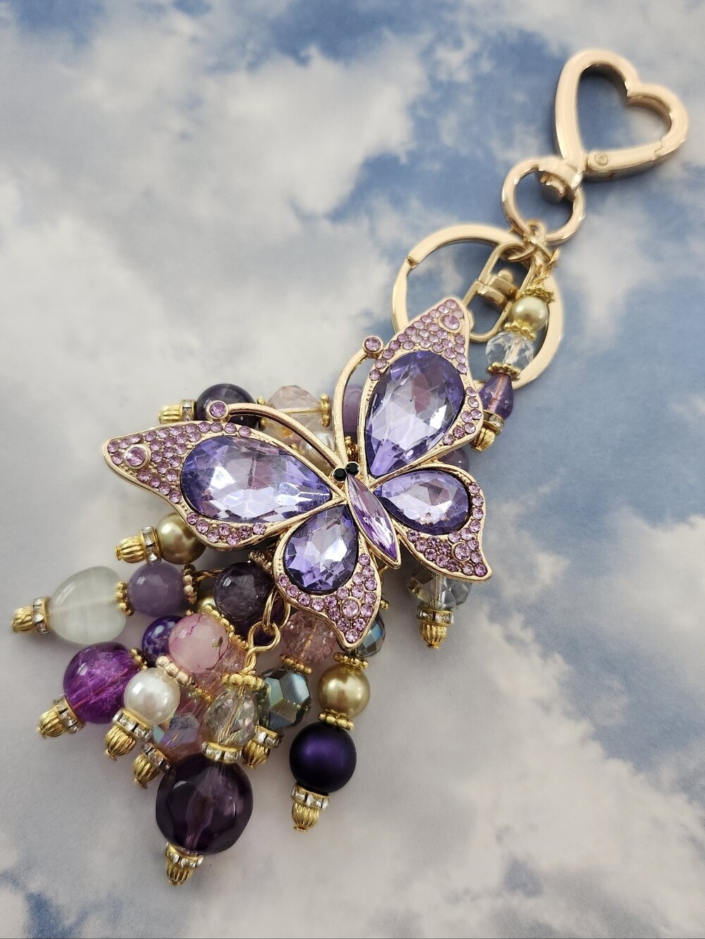 Purple Butterfly Purse Charm Rhinestone Amethyst Jade Handcrafted